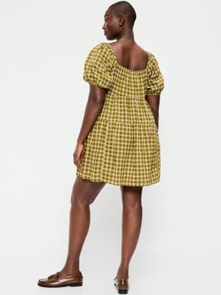 Puff-Sleeve Smocked Mini Swing Dress.
