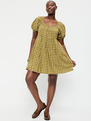 Puff-Sleeve Smocked Mini Swing Dress.