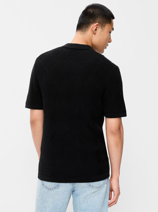 Mixed-Stitch Polo Sweater.