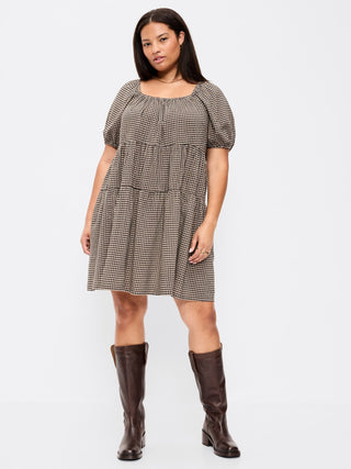 Puff-Sleeve Smocked Mini Swing Dress.