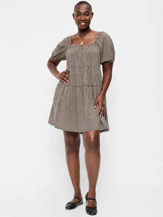 Puff-Sleeve Smocked Mini Swing Dress.