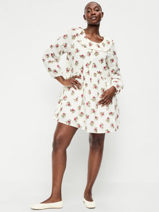 Long-Sleeve Ruffle-Collar Swing Mini Dress.