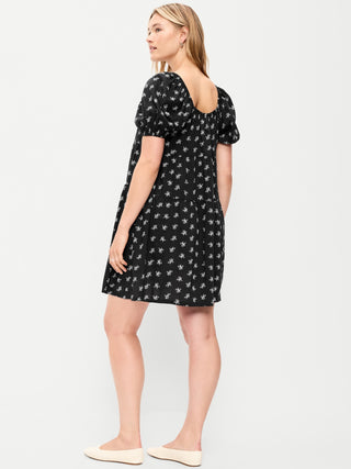 Puff-Sleeve Smocked Mini Swing Dress.