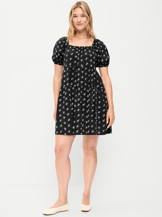 Puff-Sleeve Smocked Mini Swing Dress.