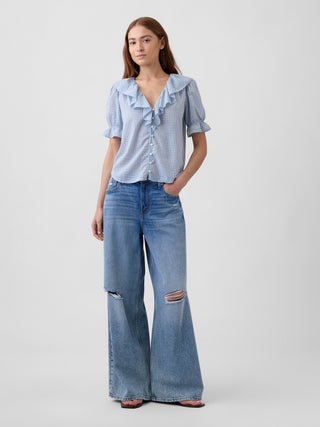 Relaxed V-Neck Ruffle Top.