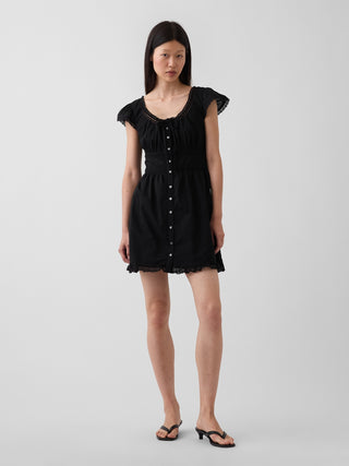 Scoop Neck Lace-Trim Mini Dress.