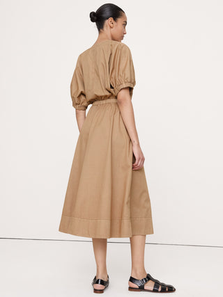 Vestido Midi con Mangas Abullonadas de Algodón