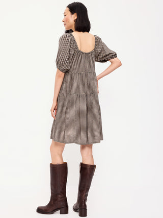 Puff-Sleeve Smocked Mini Swing Dress.