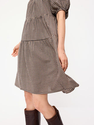 Puff-Sleeve Smocked Mini Swing Dress.