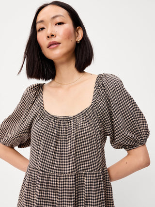 Puff-Sleeve Smocked Mini Swing Dress.