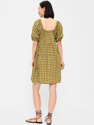 Puff-Sleeve Smocked Mini Swing Dress.