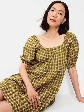 Puff-Sleeve Smocked Mini Swing Dress.