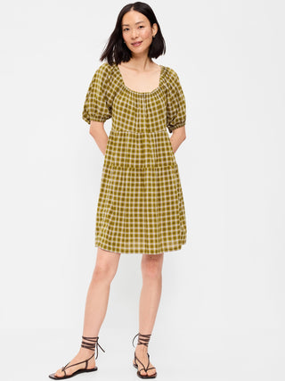 Puff-Sleeve Smocked Mini Swing Dress.