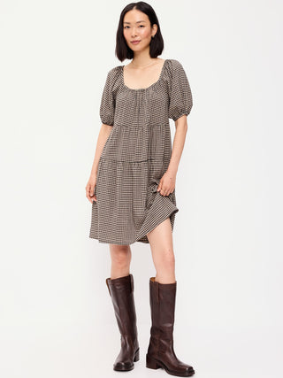 Puff-Sleeve Smocked Mini Swing Dress.