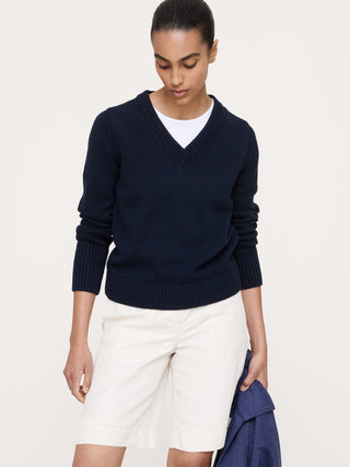 Larkspur Cotton-Silk V-Neck Sweater.
