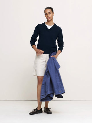Larkspur Cotton-Silk V-Neck Sweater.