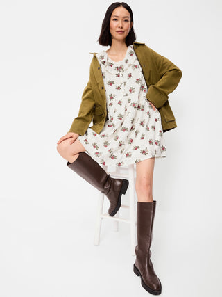 Long-Sleeve Ruffle-Collar Swing Mini Dress.