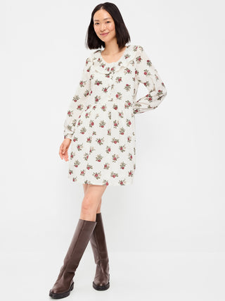 Long-Sleeve Ruffle-Collar Swing Mini Dress.