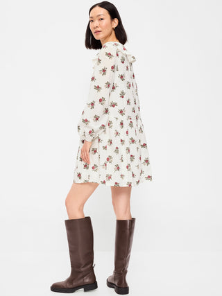Long-Sleeve Ruffle-Collar Swing Mini Dress.