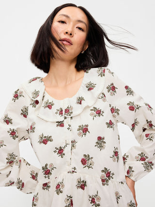Long-Sleeve Ruffle-Collar Swing Mini Dress.