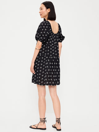Puff-Sleeve Smocked Mini Swing Dress.