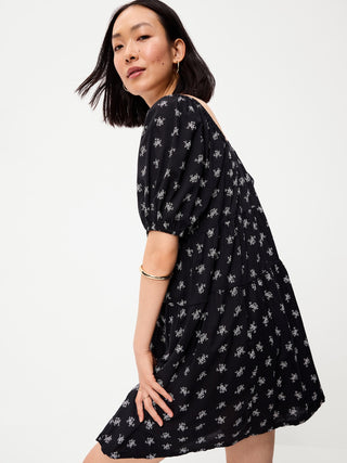 Puff-Sleeve Smocked Mini Swing Dress.