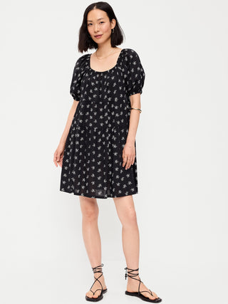 Puff-Sleeve Smocked Mini Swing Dress.