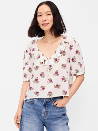 Ruffle Collar Tie-Front Top.