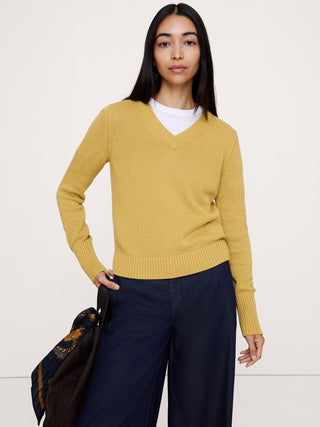 Larkspur Cotton-Silk V-Neck Sweater.