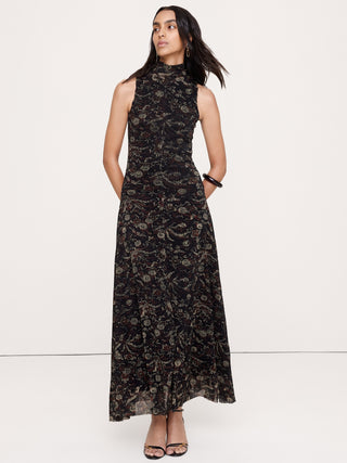 Vestido Largo con Cuello Anudado Estampado Floral