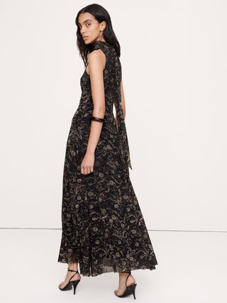 Vestido Largo con Cuello Anudado Estampado Floral