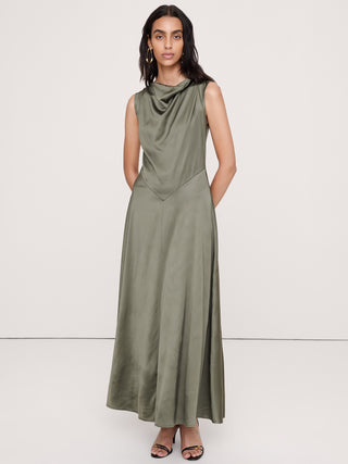 Stretch-Satin Cowl-Neck Maxi Dress.