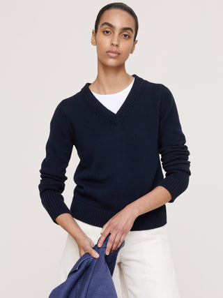 Larkspur Cotton-Silk V-Neck Sweater.