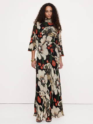 Georgette Flutter Cape-Sleeve Midi Dress.