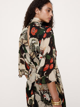 Georgette Flutter Cape-Sleeve Midi Dress.