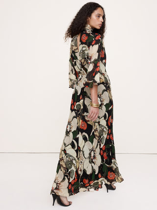 Georgette Flutter Cape-Sleeve Midi Dress.