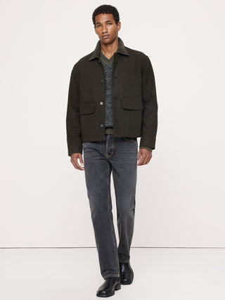 Waxed Cotton Twill Utility Jacket with Suede Collar.