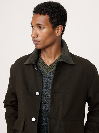 Waxed Cotton Twill Utility Jacket with Suede Collar.