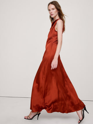 Stretch-Satin Cowl-Neck Maxi Dress.