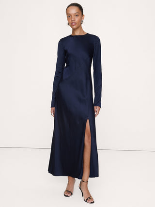 Bias-Cut Stretch-Satin Maxi Dress with Slit.