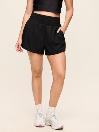 Extra High-Waisted Crinkle Run Shorts -- 3-inch inseam.