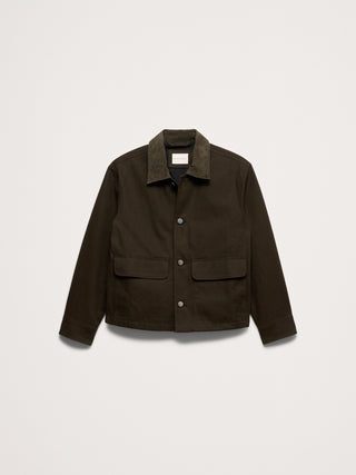 Waxed Cotton Twill Utility Jacket with Suede Collar.