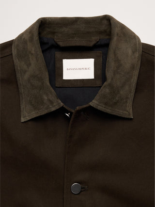 Waxed Cotton Twill Utility Jacket with Suede Collar.