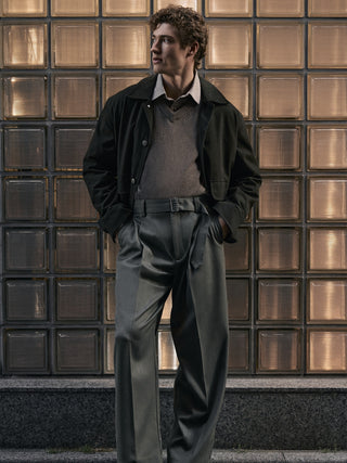 Waxed Cotton Twill Utility Jacket with Suede Collar.