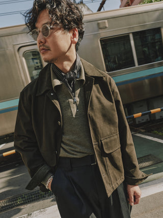 Waxed Cotton Twill Utility Jacket with Suede Collar.