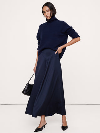 Stretch-Satin Basque-Waist Maxi Skirt.