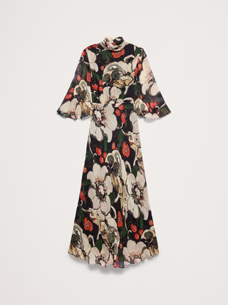 Georgette Flutter Cape-Sleeve Midi Dress.