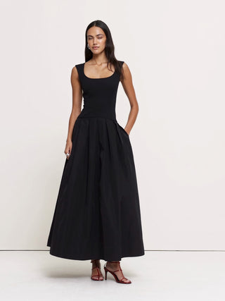 Jersey + Taffeta Drop-Waist Maxi Dress.