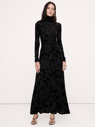 Burnout Velvet Mesh Turtleneck Maxi Dress.