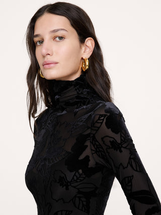 Burnout Velvet Mesh Turtleneck Maxi Dress.